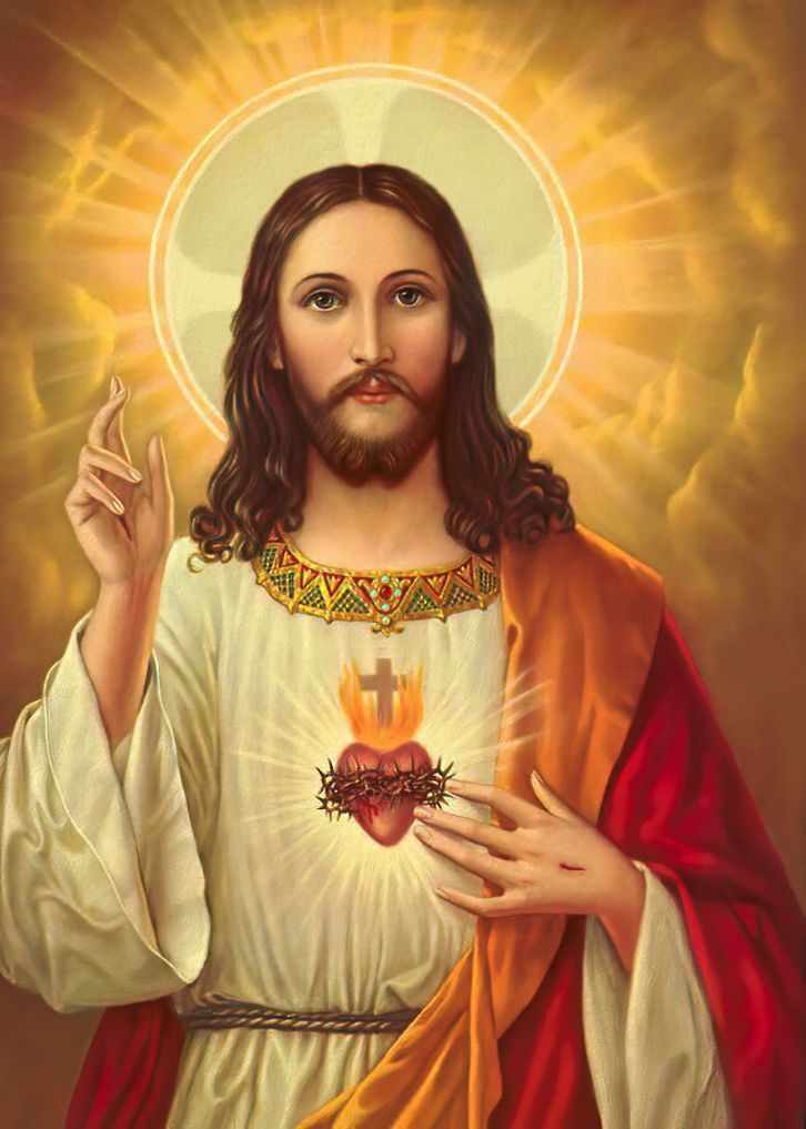 Jesus apontando para o seu Sagrado Coração, coroado de espinhos e em chamas, envolto em luz dourada.