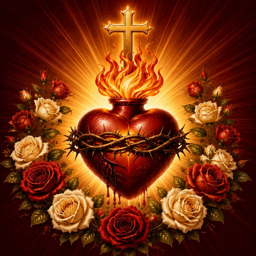O Sagrado Coração de Jesus, em chamas e coroado de espinhos sob uma cruz dourada, cercado de rosas vermelhas e brancas.